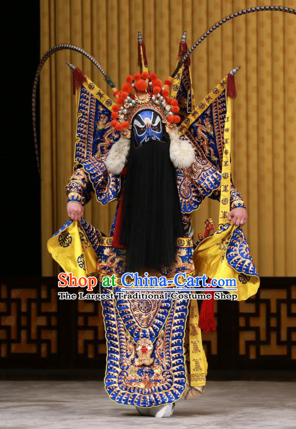 Zhan Wan Cheng Chinese Peking Opera Wusheng Kao Garment Costumes and Headwear Beijing Opera Apparels General Xia Houdun Armor with Flags Martial Male Clothing