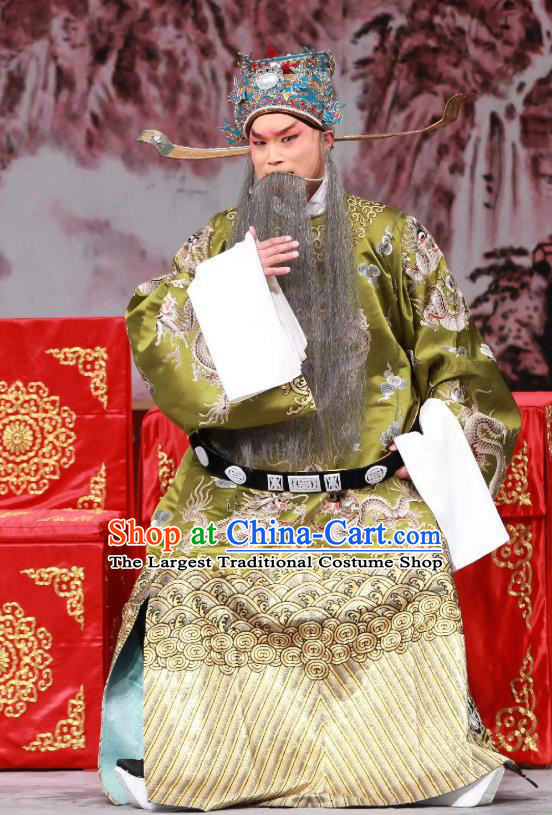 San Ji Zhang Chinese Peking Opera Laosheng Garment Costumes and Headwear Beijing Opera Elderly Male Apparels Chancellor Wang Yun Clothing