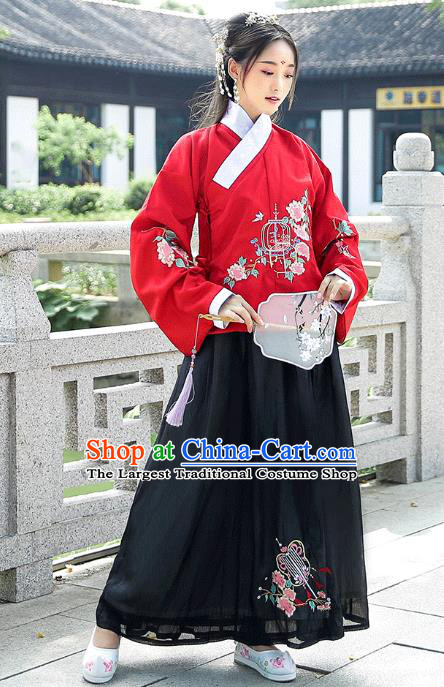 Chinese Traditional Ming Dynasty Patrician Lady Hanfu Dress Ancient Historical Costumes Red Blouse and Black Skirt Complete Set