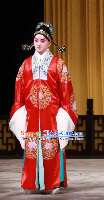 Huo Xiaoyu Chinese Peking Opera Niche Red Garment Costumes and Headwear Beijing Opera Scholar Li Yi Apparels Xiaosheng Clothing