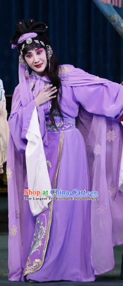 Chinese Beijing Opera Hua Tan Purple Apparels Huo Xiaoyu Costumes and Headpieces Traditional Peking Opera Geisha Dress Diva Garment