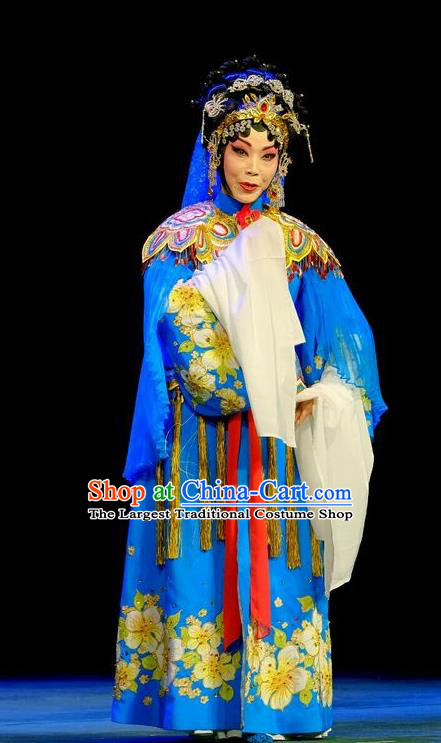 Chinese Beijing Opera Elderly Princess Miao Yin Apparels Love of Guan Yin Costumes and Headdress Traditional Peking Opera Actress Blue Dress Garment