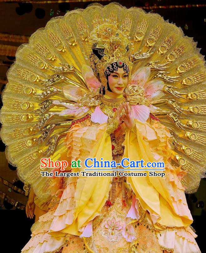 Chinese Beijing Opera Bodhisattva Apparels Love of Guan Yin Costumes and Headdress Traditional Peking Opera Mercy Buddha Dress Goddess Garment