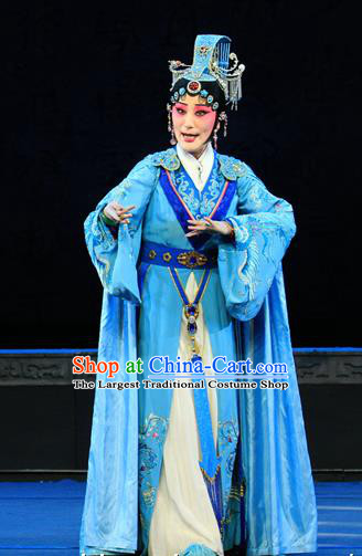 Chinese Beijing Opera Actress Apparels King Zhao Wuling Costumes and Headdress Traditional Peking Opera Hua Tan Blue Dress Queen Wu Wa Garment