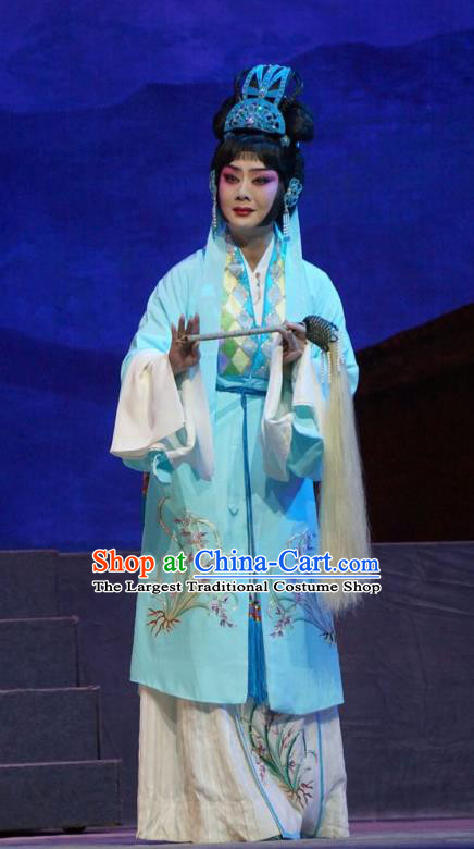 Chinese Beijing Opera Taoist Nun Apparels Princess Changping Costumes and Headdress Traditional Peking Opera Diva Dress Actress Blue Garment