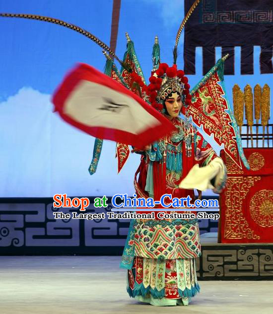 Chinese Beijing Opera Female General Mu Guiying Apparels Zhan Hong Zhou Costumes and Headdress Traditional Peking Opera Blues Dress Tao Ma Tan Garment