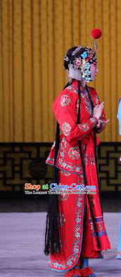 Chinese Beijing Opera Xiaodan Apparels Pu Qiu Mountain Costumes and Headdress Traditional Peking Opera Young Lady Dress Servant Girl Red Garment
