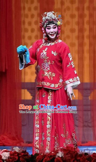 Chinese Beijing Opera Hua Tan Zhang Sumei Garment Jie Mei Yi Jia Costumes and Hair Accessories Traditional Peking Opera Bride Red Dress Actress Apparels