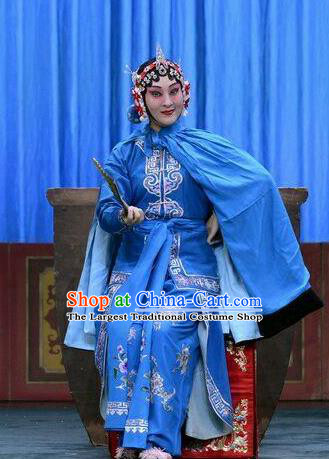 Chinese Beijing Opera Swordswoman Garment Da Jiu Guan Costumes and Hair Accessories Traditional Peking Opera Martial Female Blue Dress Apparels