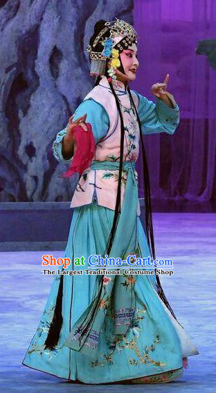 Chinese Beijing Opera Maidservant Garment Costumes and Hair Accessories Traditional Peking Opera Wang Baochuan Young Lady Dress Xiaodan Apparels