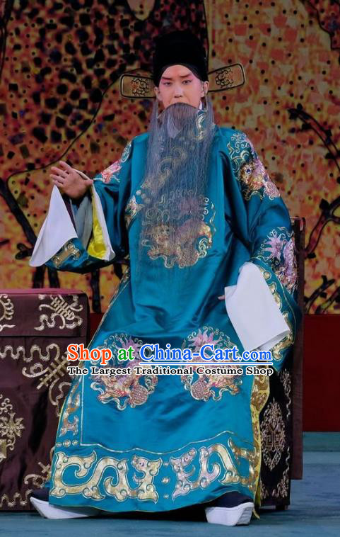 Ding Sheng Chun Qiu Chinese Peking Opera Elderly Male Apparels Costumes and Headpieces Beijing Opera Laosheng Garment Official Blue Robe Clothing