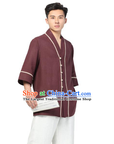 Chinese Traditional Tang Suit Upper Outer Garment Costume National Clothing Saffron Ramie Shirt for Men