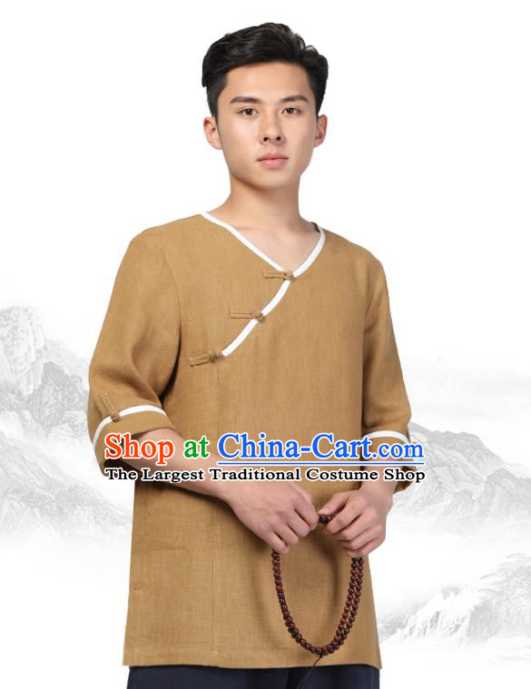 Chinese Traditional Tang Suit Costume National Clothing Slant Opening Khaki Ramie Shirt Upper Outer Garment for Men