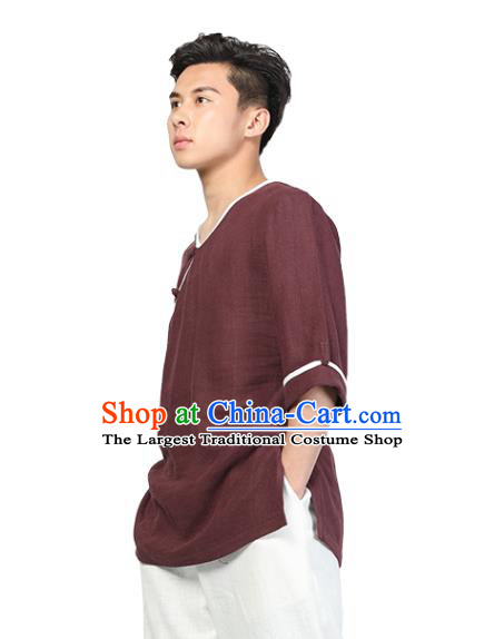 Chinese Traditional Tang Suit Costume National Clothing Slant Opening Wine Red Ramie Shirt Upper Outer Garment for Men