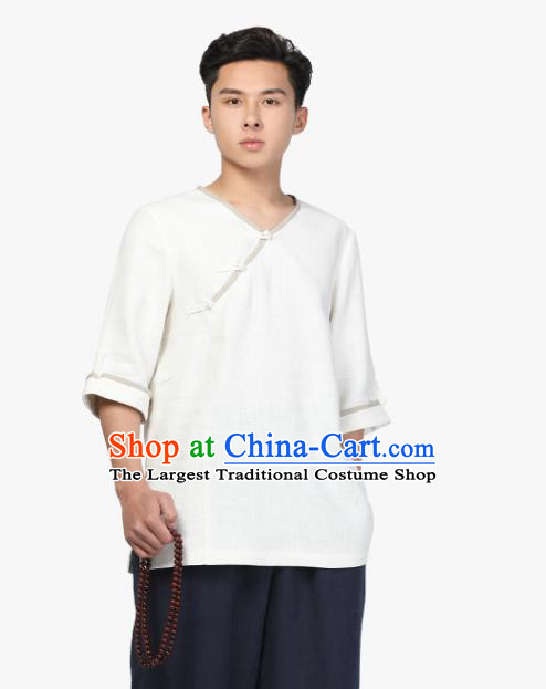 Chinese Traditional Tang Suit Costume National Clothing Slant Opening White Ramie Shirt Upper Outer Garment for Men