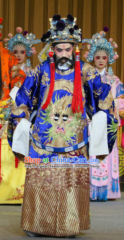 Jin Dian Shen La Chinese Sichuan Opera Official Blue Apparels Costumes and Headpieces Peking Opera Minister Garment Clothing