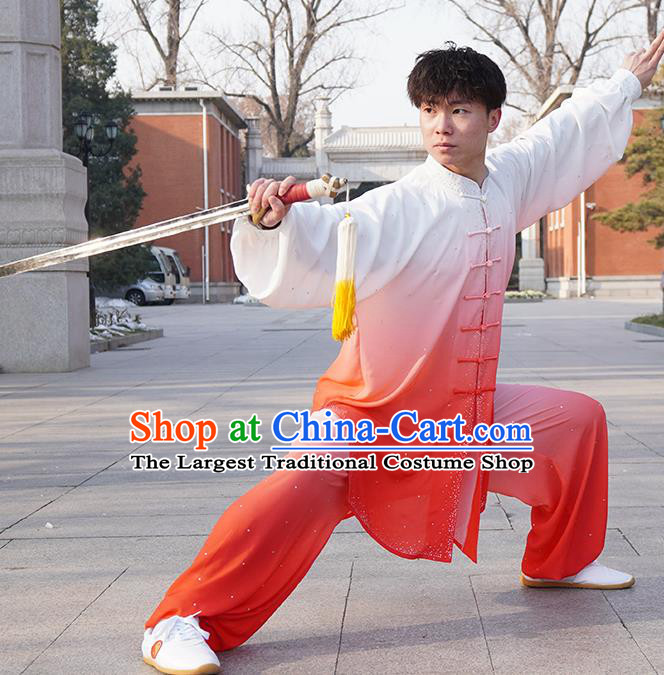 Top Male Kung Fu Costume Martial Arts Training Uniform Shaolin Wushu Clothing Tai Ji Competition Gradient Red Outfits