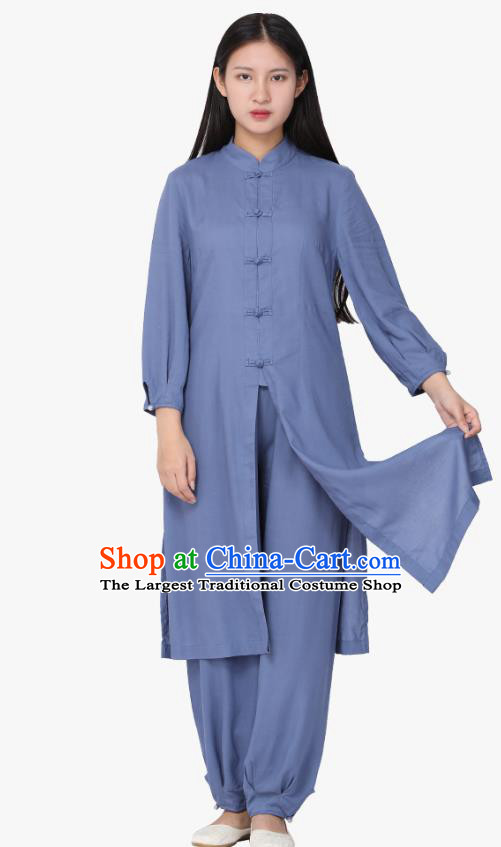 Chinese Traditional Meditation Costume Top Grade Tai Ji Uniforms Professional Tang Suit Blue Zen Outfits for Women