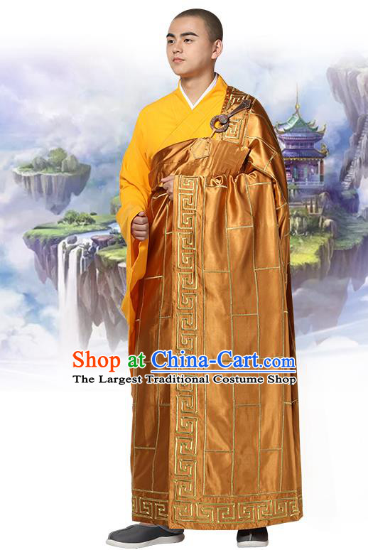 Chinese Traditional Monk Dark Golden Silk Frock Costume Buddhism Clothing Cassock Bonze Garment for Men