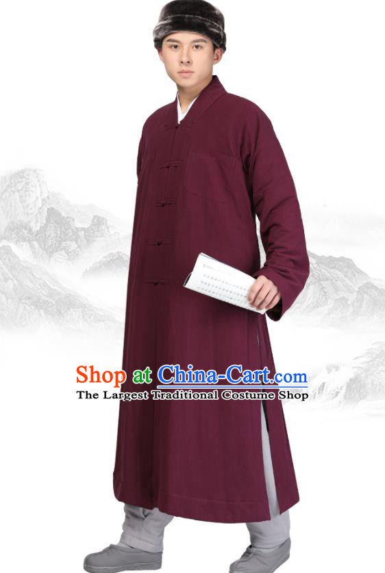 Chinese Traditional Monk Wine Red Brushed Gown Costume Meditation Garment Lay Buddhist Clothing for Men