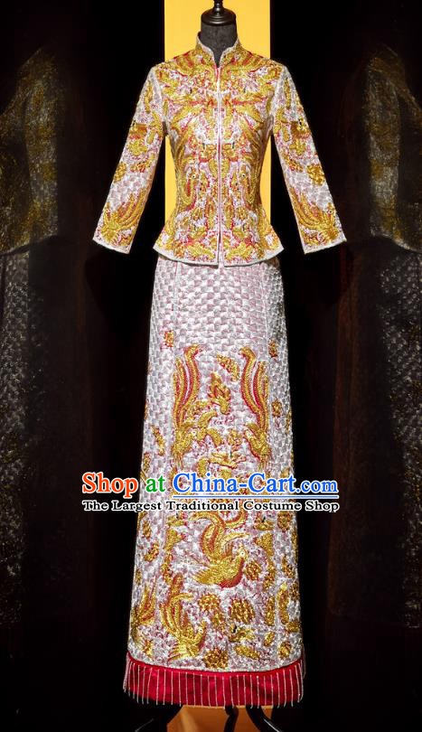 Top Grade Chinese Ancient Bride Embroidered Phoenix Xiuhe Suit Toast Pink Dress Traditional Wedding Costumes for Women