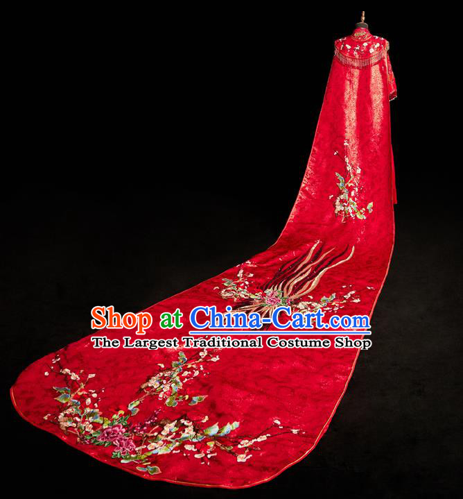 Top Grade Chinese Ancient Bride Embroidered Peony Red Cloak Traditional Wedding Cape Costumes for Women