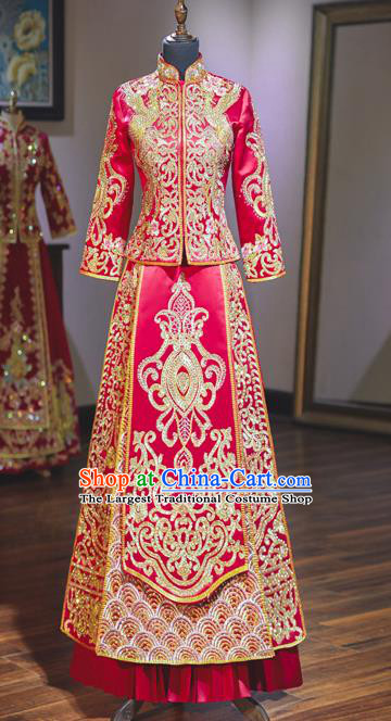 Top Grade Chinese Ancient Bride Diamante Crane Xiuhe Suit Traditional Wedding Embroidered Red Costumes for Women