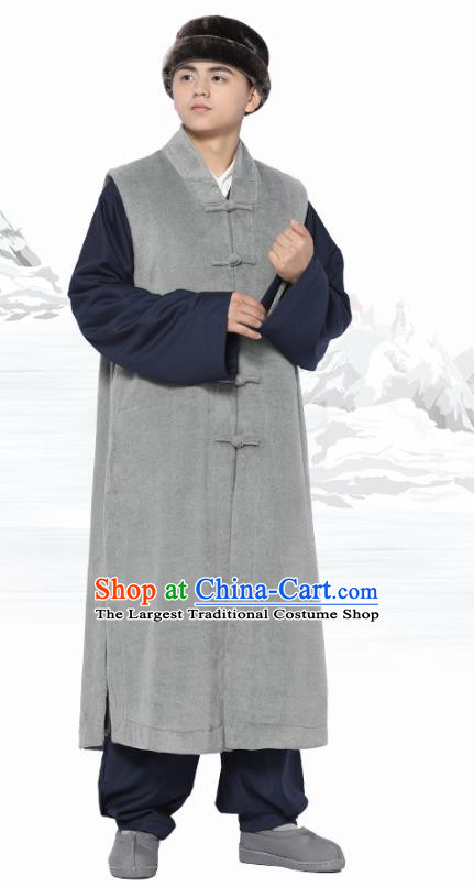 Chinese Traditional Winter Grey Long Vest Costume Meditation Garment Lay Buddhist Clothing for Men