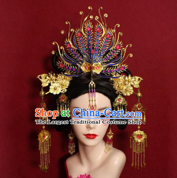 Traditional Handmade Chinese Ancient Queen Hair Accessories Cloisonn Phoenix Coronet Hair Jewelry Hair Fascinators Tassel Hairpins for Women