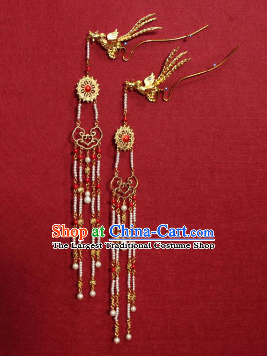 Traditional Chinese Handmade Ancient Ming Dynasty Princess Hair Accessories Golden Phoenix Tassel Hairpin for Women