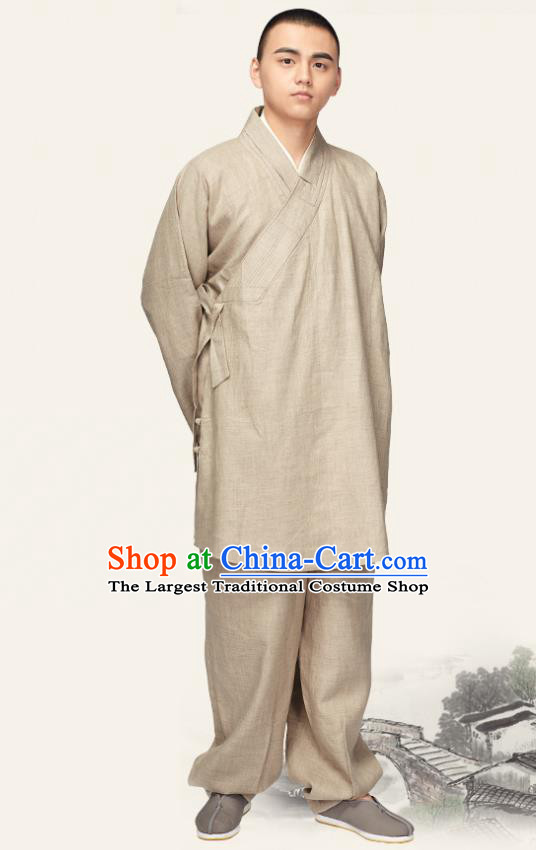 Chinese Traditional Monk Khaki Flax Short Gown and Pants Meditation Garment Buddhist Bonze Costume for Men