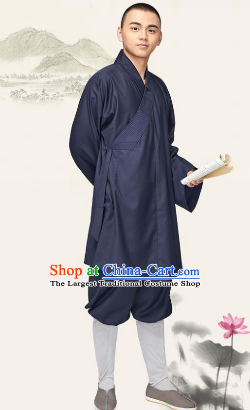 Chinese Traditional Monk Navy Gown and Pants Buddhist Bonze Costume Meditation Garment for Men