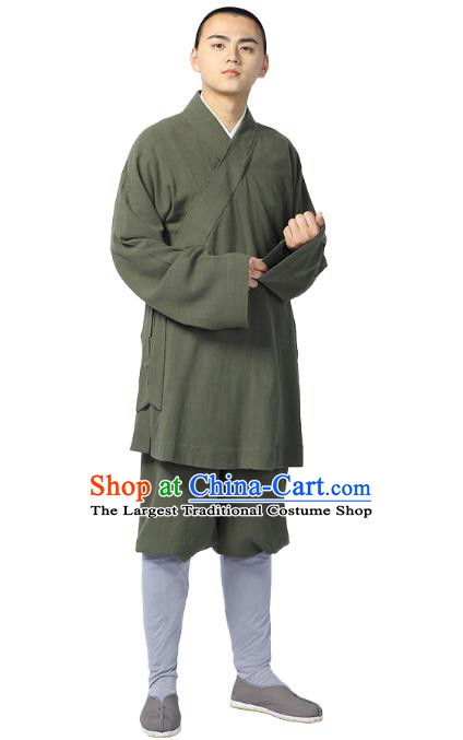 Chinese Traditional Monk Olive Green Short Gown and Pants Meditation Garment Buddhist Costume for Men