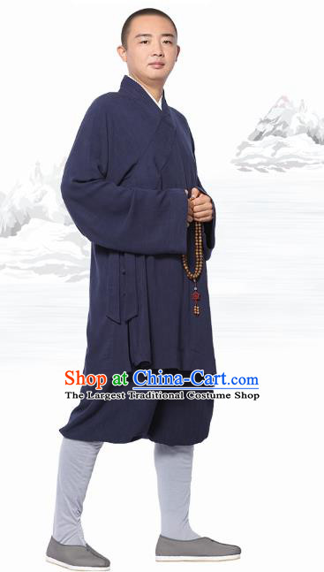 Chinese Traditional Monk Navy Short Gown and Pants Meditation Garment Buddhist Costume for Men