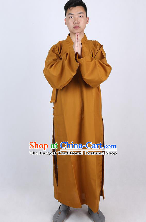 Chinese Traditional Buddhist Monk Khaki Robe Costume Meditation Garment Dharma Assembly Bonze Frock Gown for Men