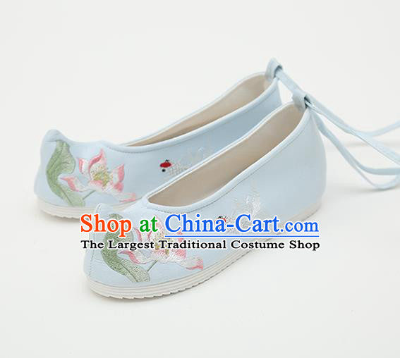 Chinese Handmade Blue Embroidered Shoes Traditional Ming Dynasty Female Bow Shoes Hanfu Shoes Ancient Princess Shoes