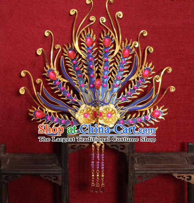 Traditional Chinese Handmade Cloisonne Phoenix Hairpins Ancient Queen Hair Accessories Tassel Hair Crown for Women