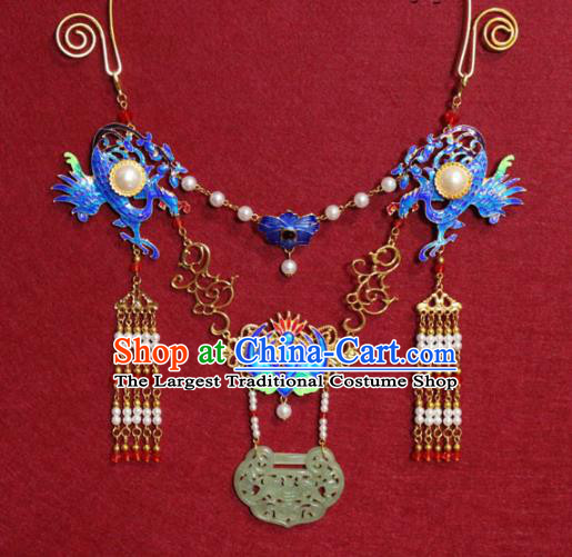 Traditional Chinese Ancient Princess Cloisonne Bat Phoenix Tassel Necklace Handmade Jewelry Accessories Jade Longevity Lock Necklet for Women