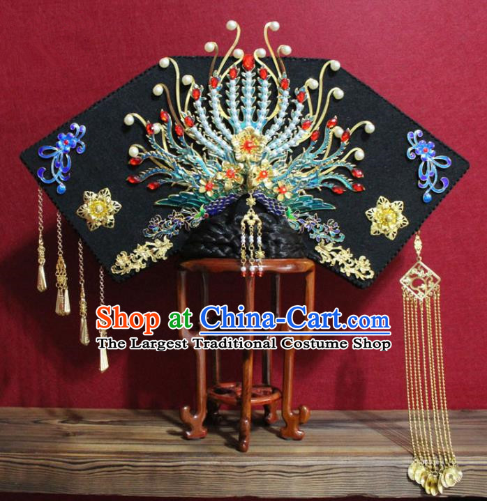 Chinese Ancient Qing Dynasty Queen Hair Jewelry Traditional Handmade Hairpins Hair Accessories Golden Tassel Phoenix Coronet Complete Set