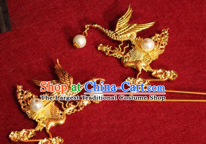 Traditional Chinese Handmade Golden Crane Hair Clip Ancient Queen Tassel Hairpin Hair Accessories for Women