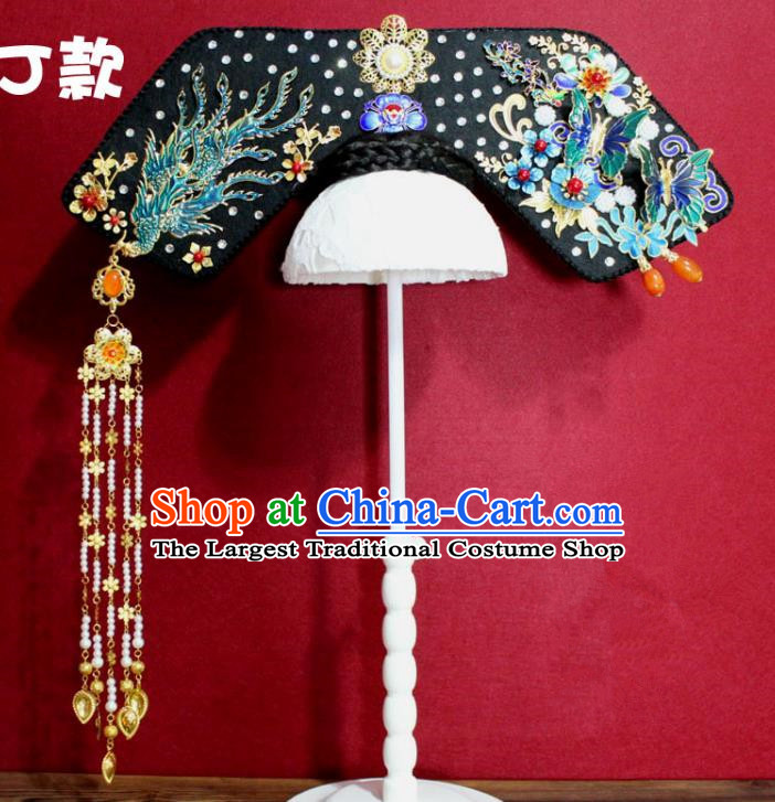 Chinese Ancient Qing Dynasty Queen Hair Jewelry Traditional Handmade Hairpins Hair Accessories Pearls Tassel Blueing Phoenix Coronet Complete Set