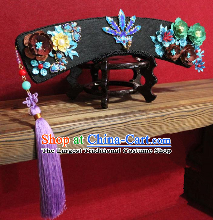 Chinese Ancient Imperial Consort Purple Tassel Cloisonne Phoenix Coronet Hair Jewelry Traditional Handmade Hairpins Qing Dynasty Queen Hair Accessories Complete Set