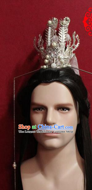 Traditional Chinese Ancient Prince Argent Hairdo Crown Handmade Ming Dynasty Noble Childe Ribbon Hair Accessories for Men