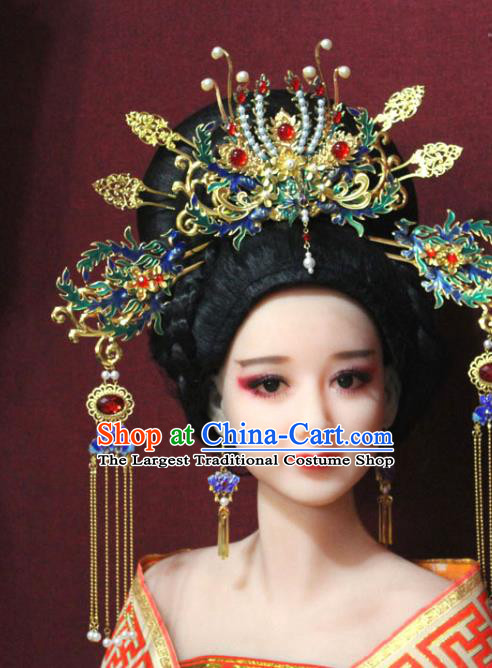 Chinese Ancient Imperial Consort Blueing Phoenix Coronet Hair Jewelry Traditional Handmade Tassel Hairpins Ming Dynasty Queen Hair Accessories Complete Set