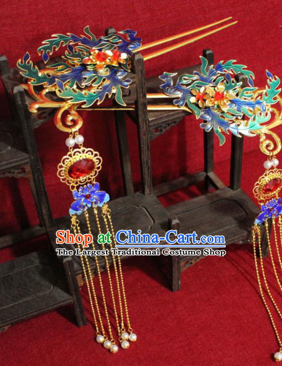 Traditional Chinese Handmade Tassel Hairpins Ancient Qing Dynasty Imperial Consort Hair Accessories Blueing Hair Clip for Women