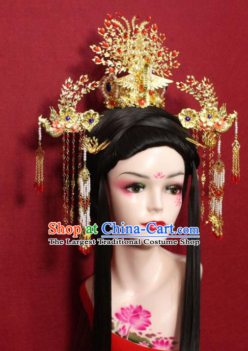 Traditional Chinese Ancient Queen Golden Phoenix Coronet Hair Crown Handmade Hair Jewelry Hairpins Red Crystal Hair Accessories for Women