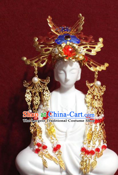 Traditional Chinese Handmade Buddhist Statues Cloisonne Lotus Phoenix Hair Crown Golden Tassel Hair Accessories