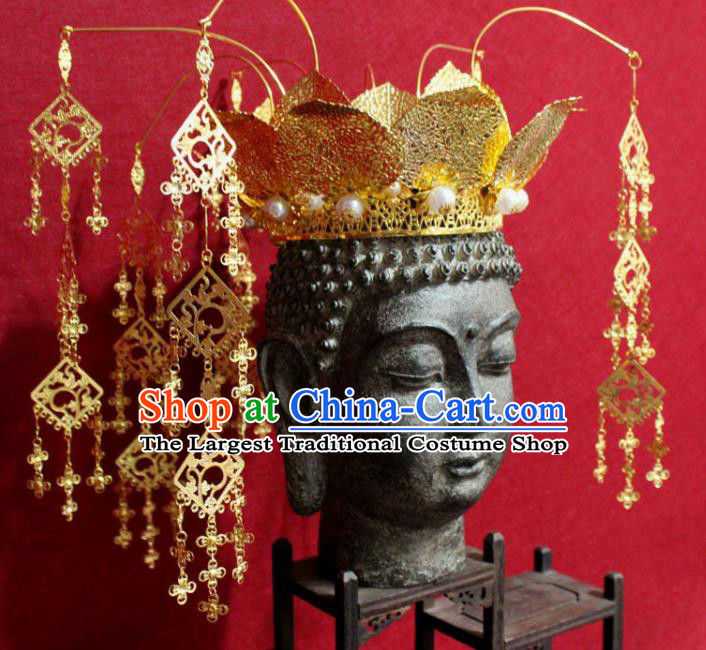 Traditional Chinese Handmade Buddhist Statues Phoenix Hair Crown Golden Lotus Tassel Hair Accessories