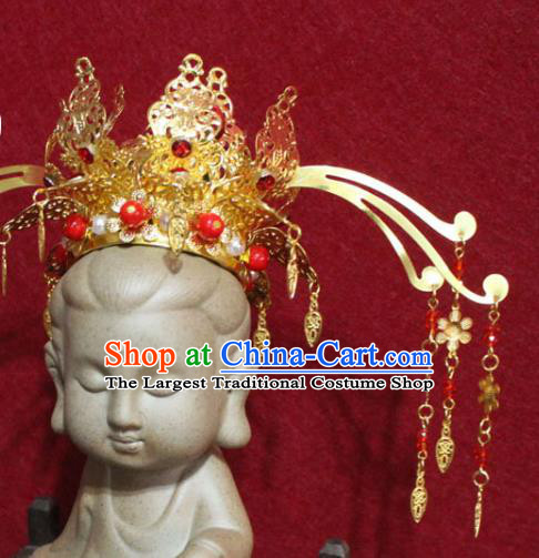 Traditional Chinese Handmade Buddhist Statues Phoenix Hair Crown Red Crystal Hair Accessories