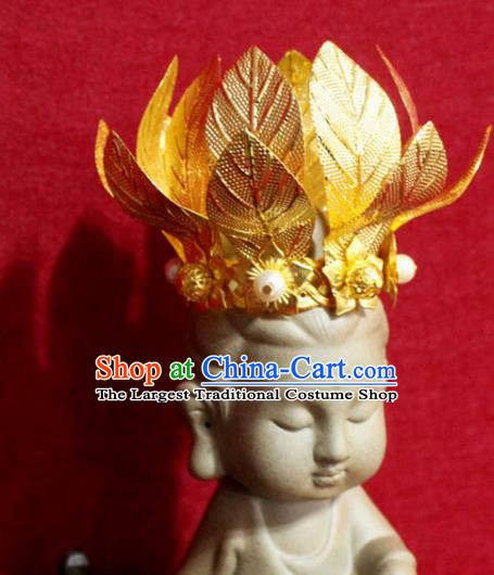 Traditional Chinese Handmade Golden Leaf Hair Crown Buddhist Statues Hair Accessories Headwear